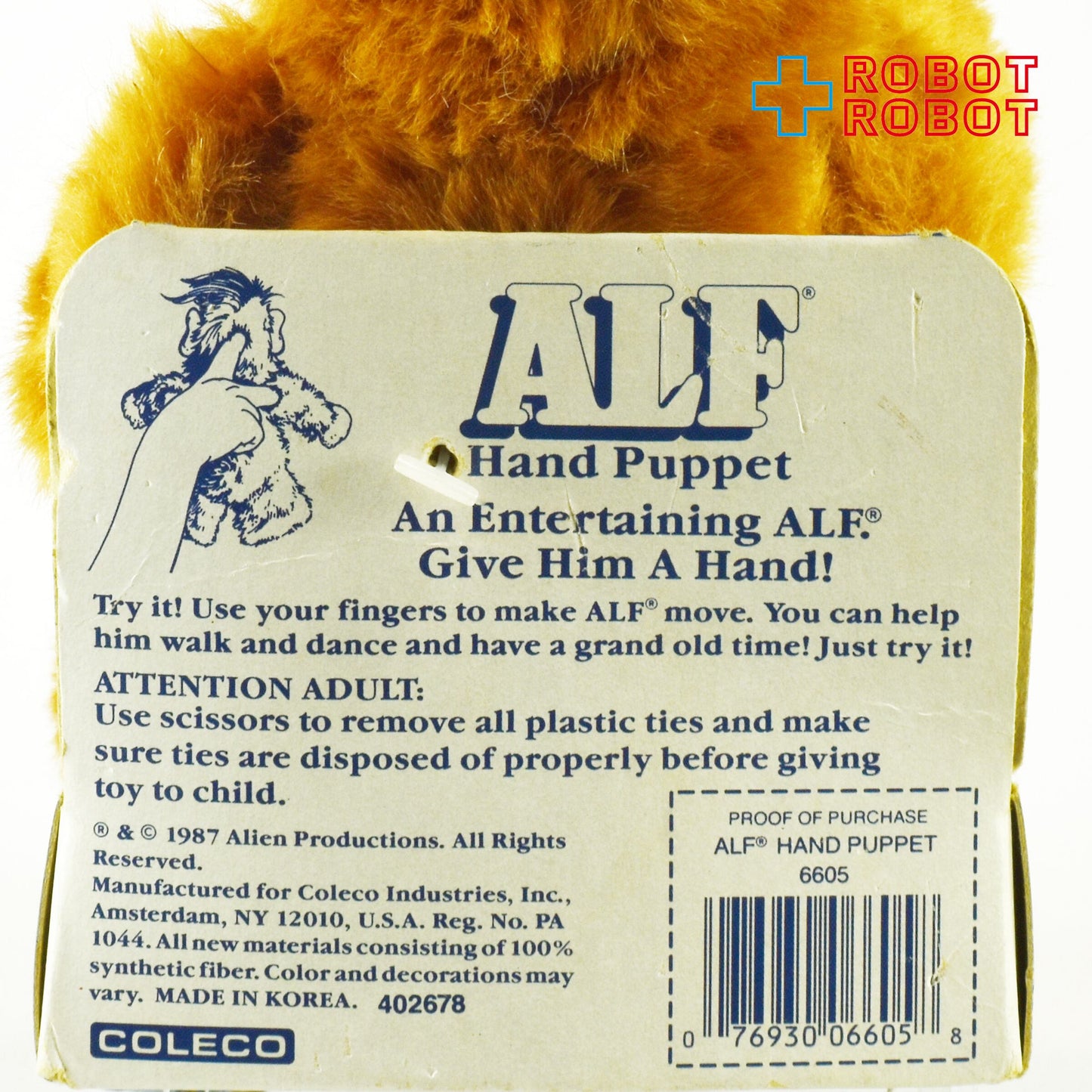 コレコ社 アルフ ハンドパペット ぬいぐるみ人形 メイドイン・KOREA 1987 パッケージ台座付