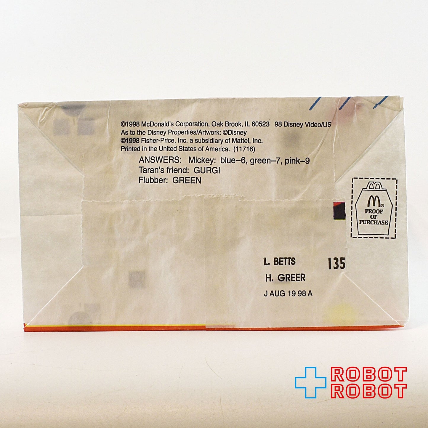 マクドナルド ハッピーセット紙袋 ディズニー・ビデオ・フェボライト 1998
