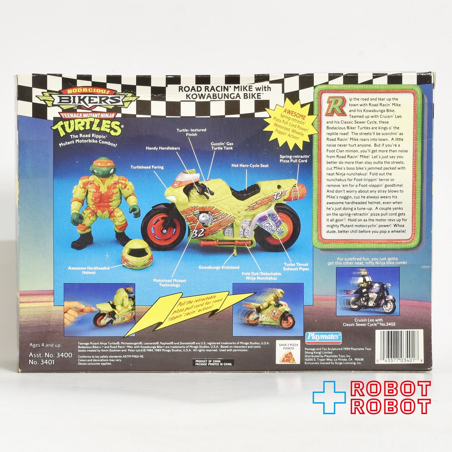 プレイメイツ タートルズ TMNT ボウデイシャス・バイカーズ ロード レーシン マイク w/ カワバンガ バイク 4インチ アクションフィギュア 未開封
