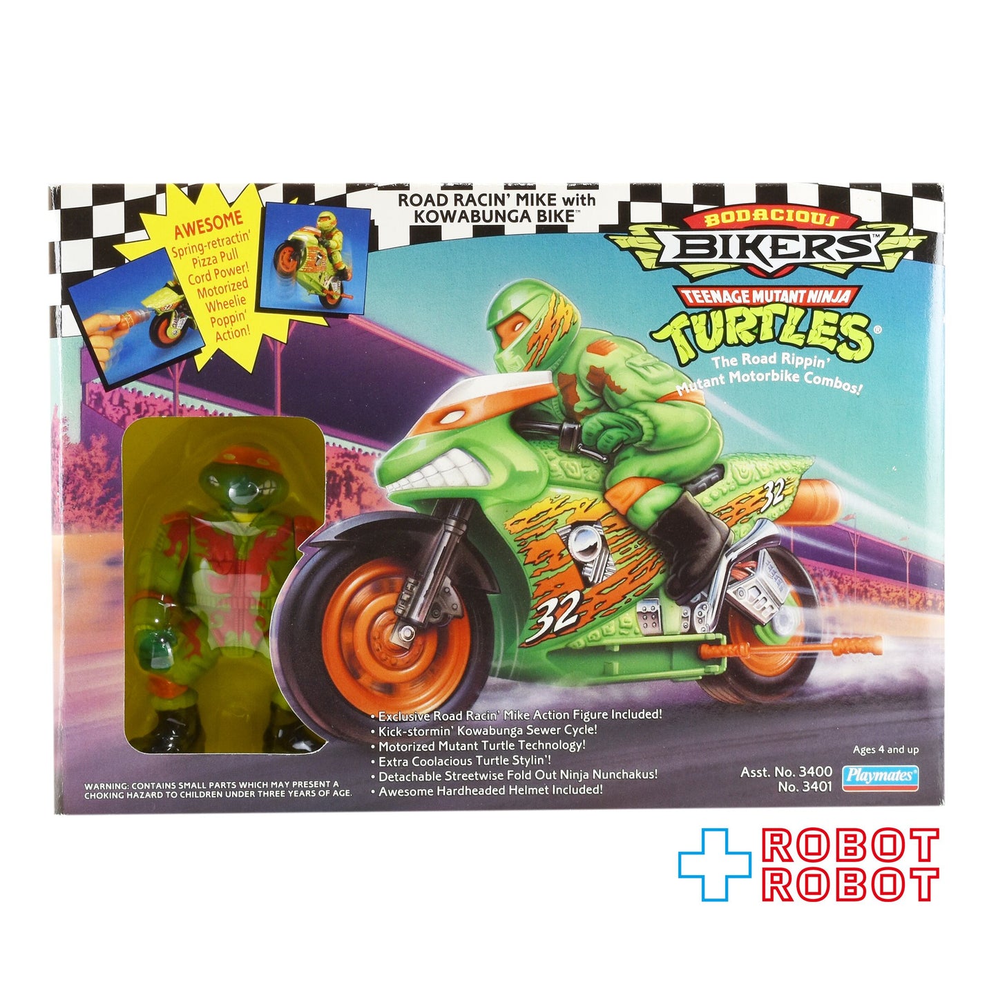 プレイメイツ タートルズ TMNT ボウデイシャス・バイカーズ ロード レーシン マイク w/ カワバンガ バイク 4インチ アクションフィギュア 未開封