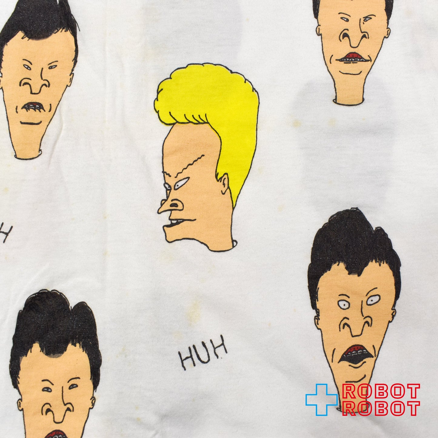 ブライト・グリーン ビーバス & バットヘッド MTV "HUH" 総柄 Tシャツ ホワイト XLサイズ