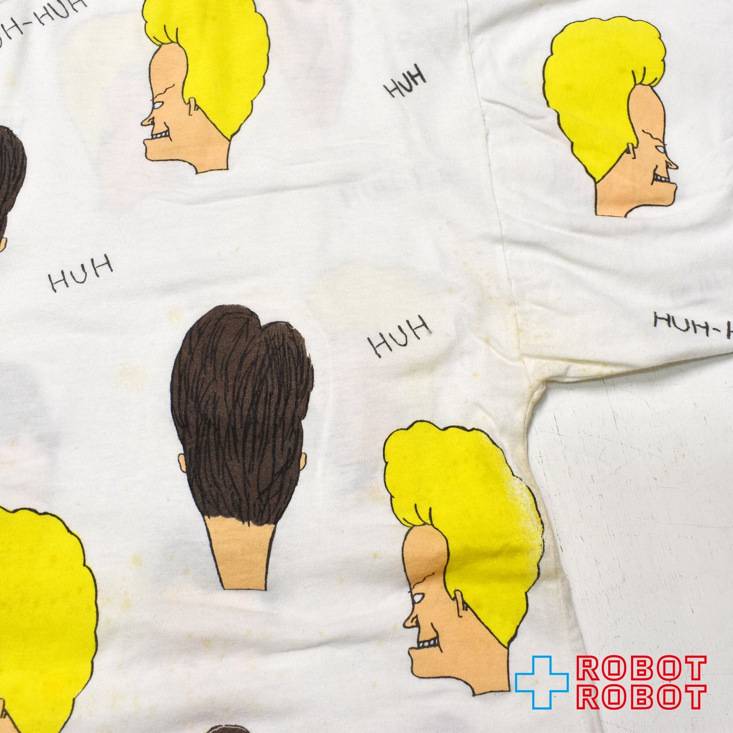 ブライト・グリーン ビーバス & バットヘッド MTV "HUH" 総柄 Tシャツ ホワイト XLサイズ
