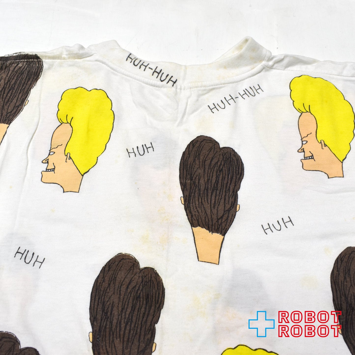 ブライト・グリーン ビーバス & バットヘッド MTV "HUH" 総柄 Tシャツ ホワイト XLサイズ