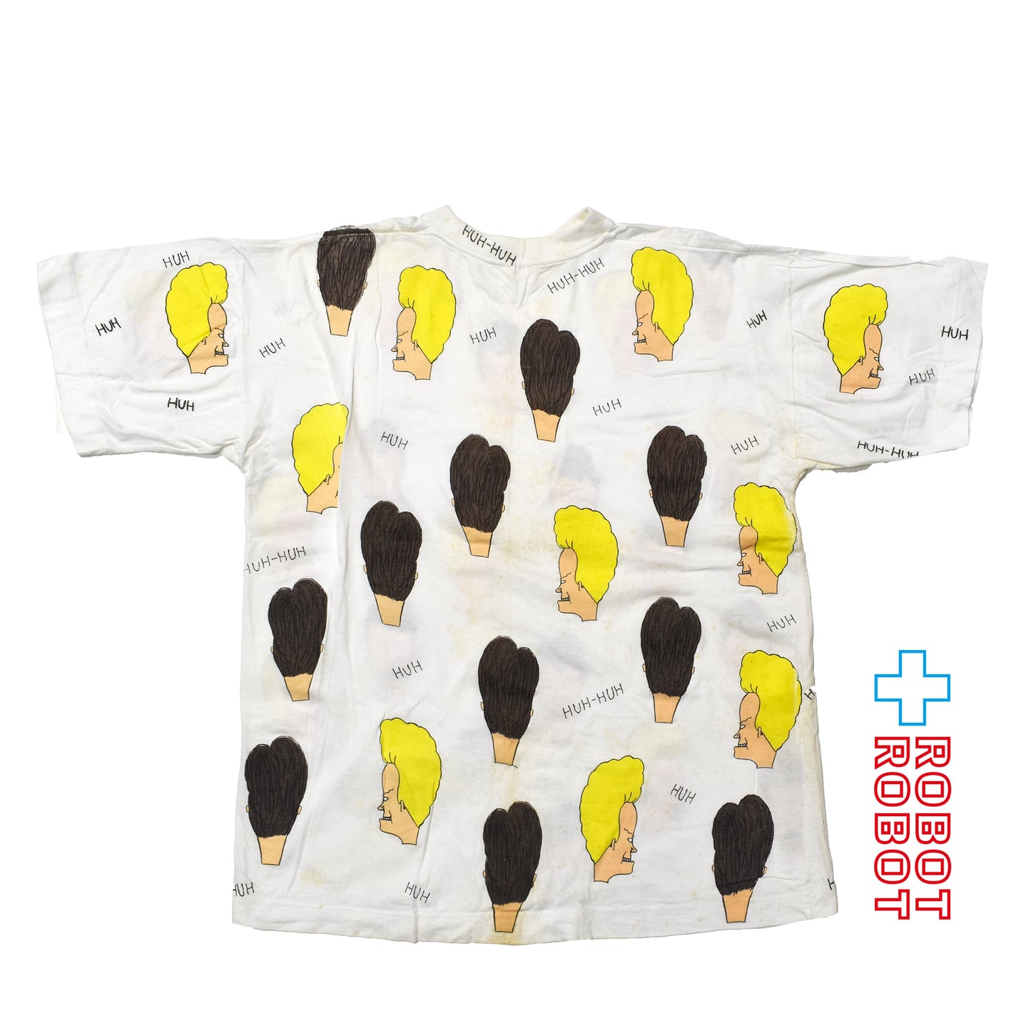 ブライト・グリーン ビーバス & バットヘッド MTV "HUH" 総柄 Tシャツ ホワイト XLサイズ