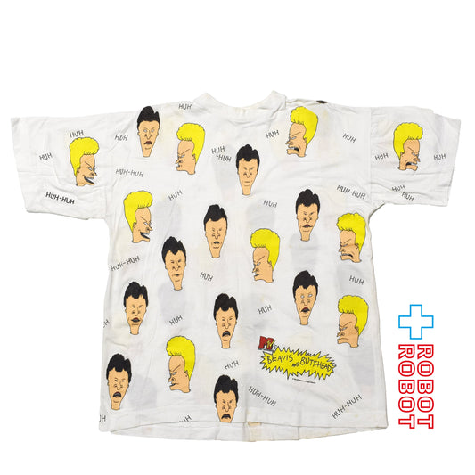 ブライト・グリーン ビーバス & バットヘッド MTV "HUH" 総柄 Tシャツ ホワイト XLサイズ