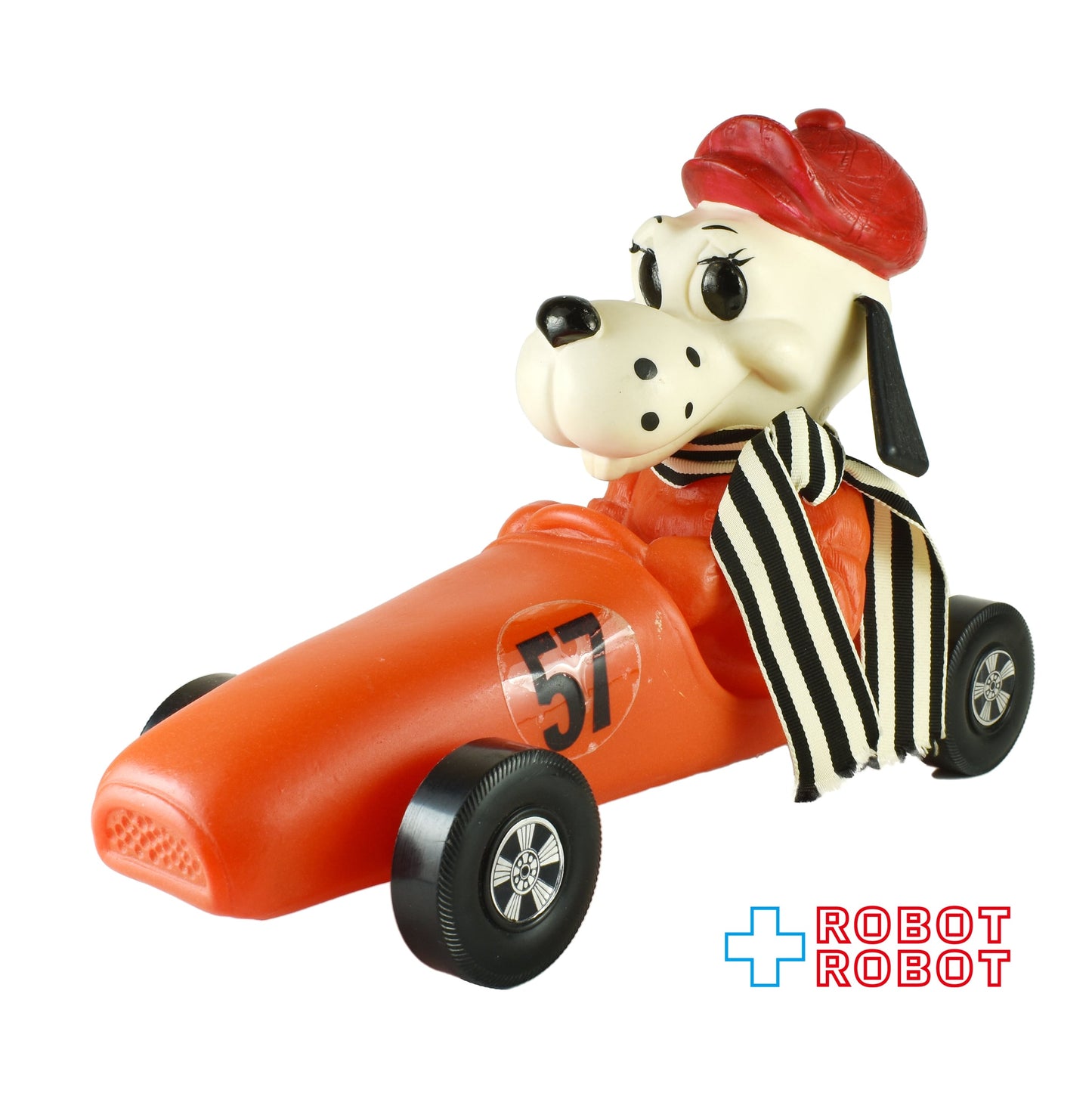 赤いレーシングカーの犬 ソフビ貯金箱 1970年代 ロイヤリティーイダストリー社