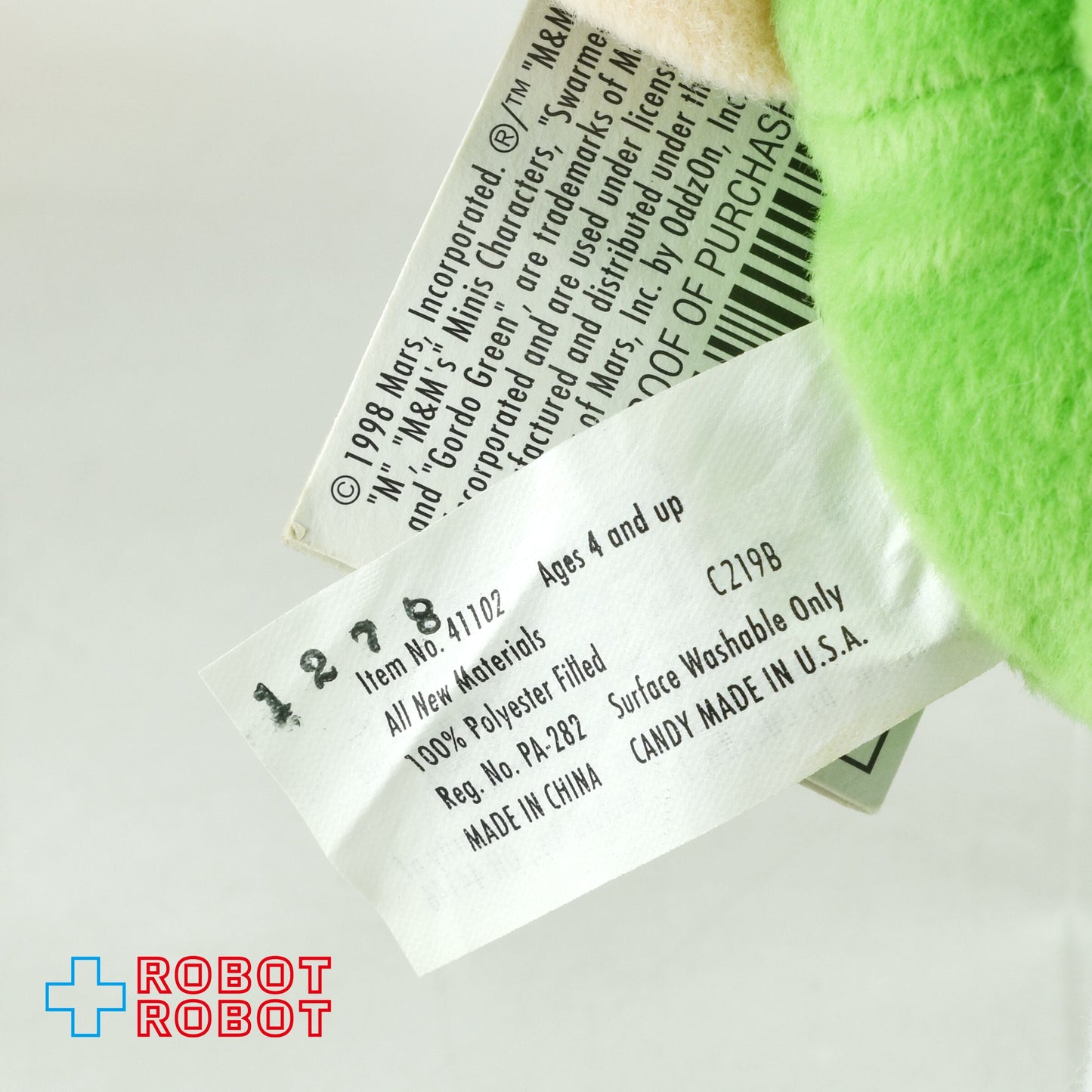 M&M's ミニズ サワーミーズ プラッシュ コレクティブル グリーン エムアンドエムズ ぬいぐるみ人形 1998 紙タグ付き