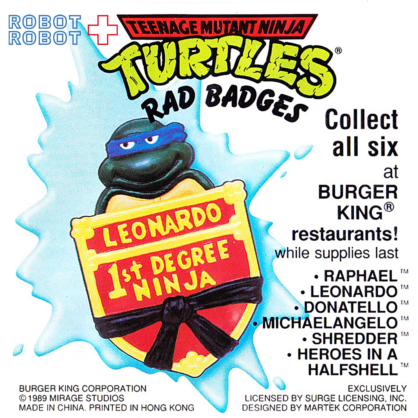 バーガーキング タートルズ ラッドバッジ TMNT レオナルド ミールトイ 1989 袋入未開封